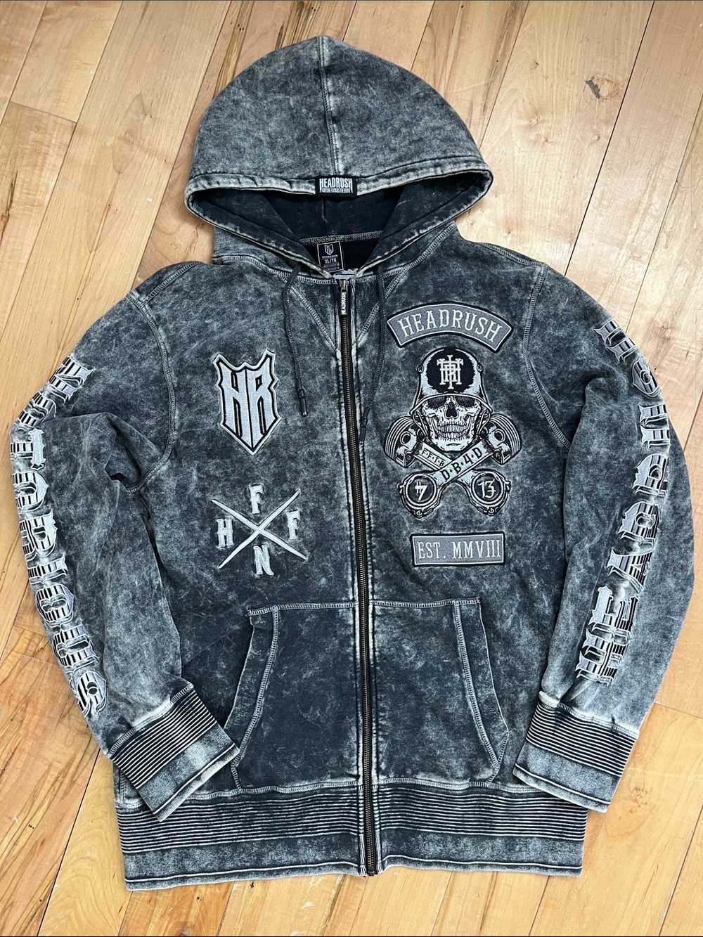 Vintage Y2K Headrush Men’s Faded Vintage Black Zip-Up Graphic Hoodie